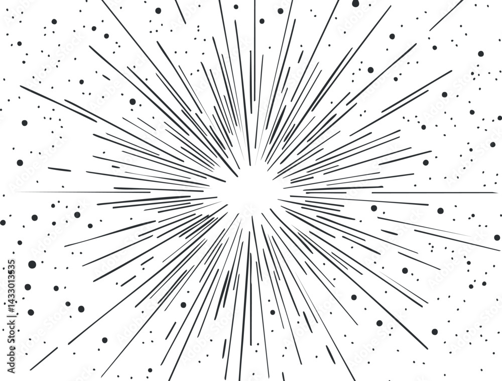 Wall mural black and white abstract starburst explosion with radiating lines and scattered dots pattern