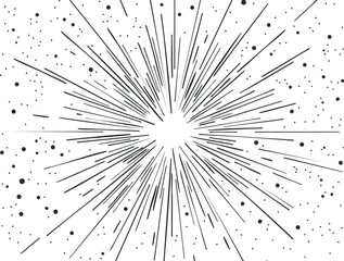 Black and white abstract starburst explosion with radiating lines and scattered dots pattern