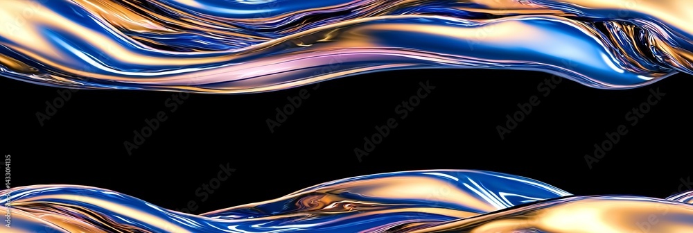 Poster fluid patterns of colorful metallic waves flow gracefully against a black background, creating an ab