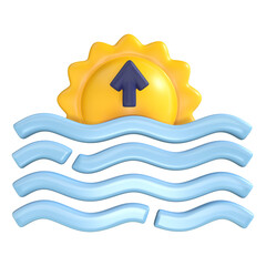 A 3D stylized image depicts a bright yellow sun rising above gentle light blue waves, indicated by a prominent upward-pointing blue arrow.