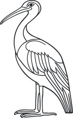 Black and white line drawing of a heron bird standing in profile with detailed feathers and long beak