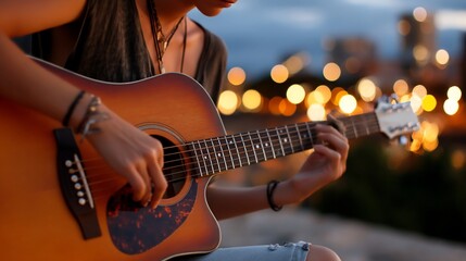 Fototapeta premium Young woman playing acoustic guitar outdoors at sunset