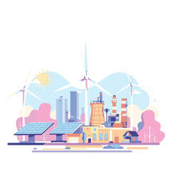 vector illustration of wind turbines and solar panels