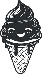 Black and white cartoon illustration of a happy smiling ice cream cone with melting cream and cute facial features