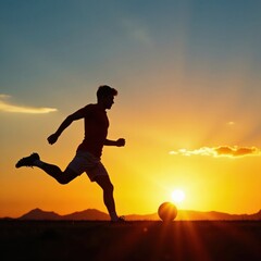 Silhouette of football player in action with ball at sunset, action, sports, sunset