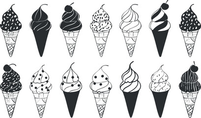 Black and white illustration of various ice cream cones with swirled and topped flavors including cherries and sprinkles