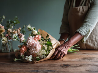 African American florist in process of creating a bouquet of flowers