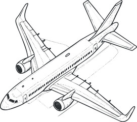 Detailed black and white line drawing of a commercial airplane showing wings engines and tail from an above angle