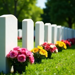 White tombstones lined up in a neat row with bouquets of fresh flowers, gravestone, memory