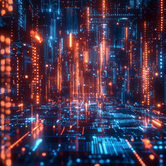 Fototapeta premium Futuristic Urban City with Data Streams Glowing Circuits and a Cyberpunk Vibe in an Electric Orange and Blue Color Scheme