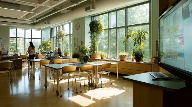 Modern classroom with natural light, plants, and digital learning tools