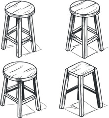 Hand drawn illustration of four wooden stools with round and square seats in black and white