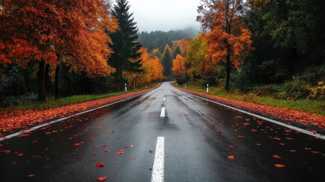Autumnal road leads through a colorful forest on a rainy day.