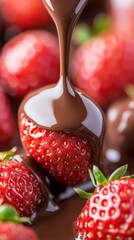  Fresh Ripe Strawberries Being Drizzled with Melted Chocolate in Close-Up Dessert Macro Shot