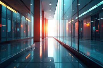 Modern building hallway serene with sunlight casting warm glow representing calm architecture [with copy space].