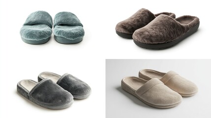 Four pairs of fuzzy slippers in various colors and styles.