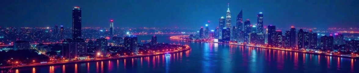 Obraz premium Minimalist cityscape with sleek skyscrapers and neon lights at night, architecture, cityscape, technology