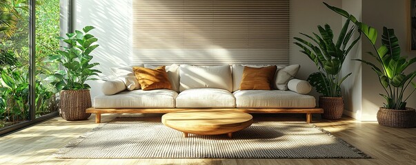 Modern minimalist living room with sofa, lush green plants, and natural sunlight