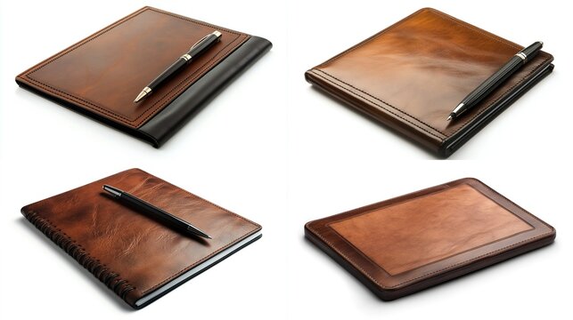Four leather notebooks with pens.