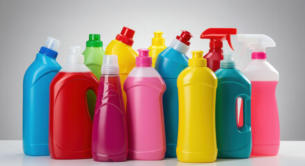 Colorful Cleaning Supplies: Stock Up on Household Essentials! Disinfectants, Detergents, Sprays for a Sparkling Clean Home & Healthy Environment.