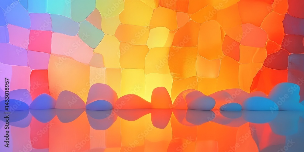 Poster colorful abstract patterns create a vibrant backdrop with reflections on a shiny surface