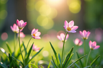 Fototapeta premium Pink Tulip Flowers Blooming Outdoors in Sunlight with Green Bokeh Background