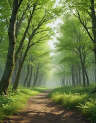 Fototapeta premium Vibrant green spring forest, new leaves unfurling, rebirth, season