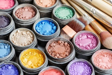 Naklejka premium A Colorful Array of Cosmetics Professional Makeup Eye Shadow Pots and Brushes