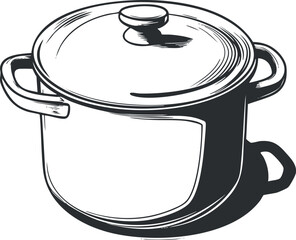 Black and white illustration of a cooking pot with handles and a lid casting a shadow