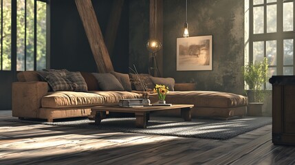 Cozy interior scene featuring a large couch, wooden beams and natural light
