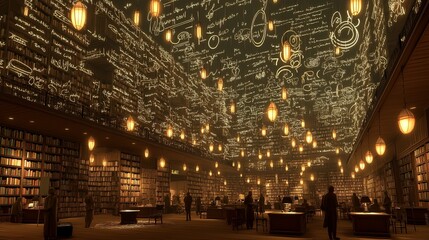 Library filled with floating words, ideas, and glowing concepts