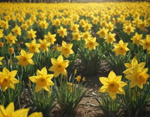 Sunlit field of vibrant yellow daffodils, petals glistening ,  bloom,  spring,  daffodil field