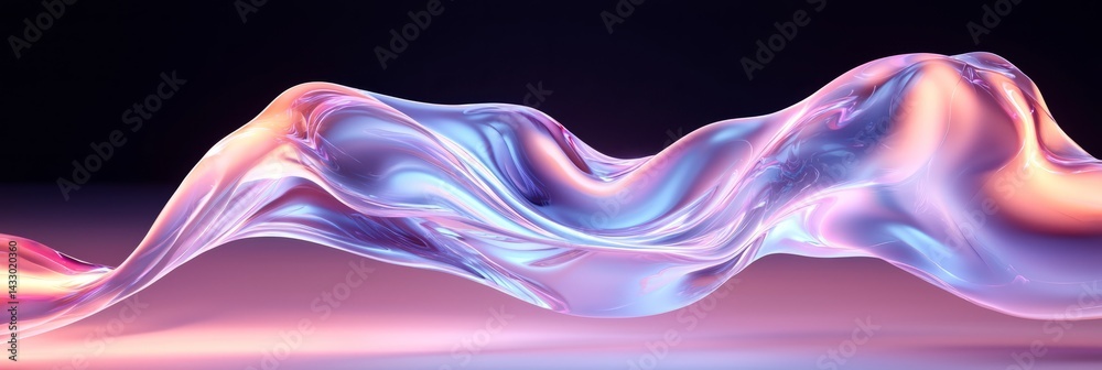 Poster fluid and colorful abstract wave reflecting light in a gradient of hues within a dark setting