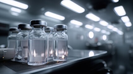 Sterile vials in a laboratory setting with bright fluorescent lighting