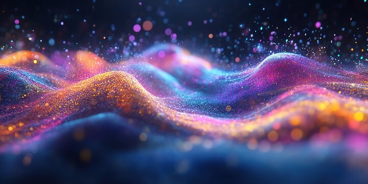 Holographic Nature Control: Abstract Commercial Background with Particle Flow Interface, Neon Data Pollution, and Environmental Monitoring. Digital Twin Concept for Eco-Tech Poster Design