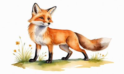 Fototapeta premium Watercolor painting of a red fox on a white background. Illustration of a wild forest animal for design: book, sticker, decoration, print or postcard, greeting card. Wildlife theme. 