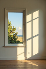 Fototapeta premium Sunlit window view with serene mood showing shrubbery and water against a pale wall background [with copy space]