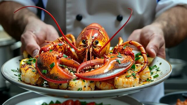 Chef presents a stunning seafood platter featuring fresh lobster and shrimp in a bustling kitchen setting