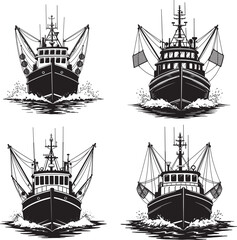 Fishing Boat Silhouettes Catching Fish Variety Boat