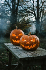 Spooky Halloween Night with Glowing Jack-O'-Lanterns on Rustic Table Surrounded by Fog