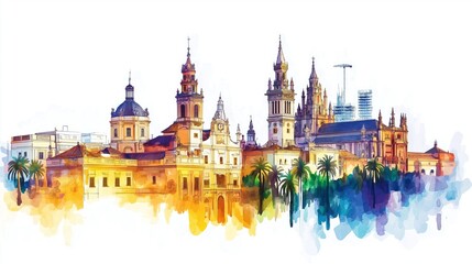 Obraz premium Seville Cathedral and La Giralda. Seville Cathedral and La Giralda hand drawn watercolor illustration