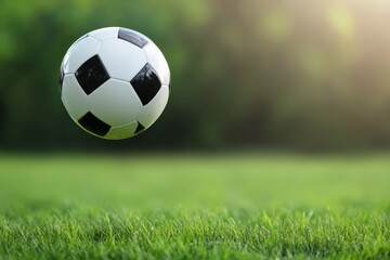 Fototapeta premium Soccer ball floats on lawn