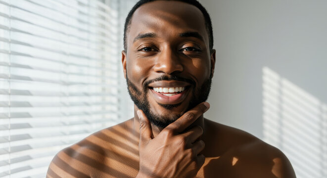 Smiling Black Man: Confident Portrait in Sunlight - Skincare, Grooming, & Wellness Inspiration