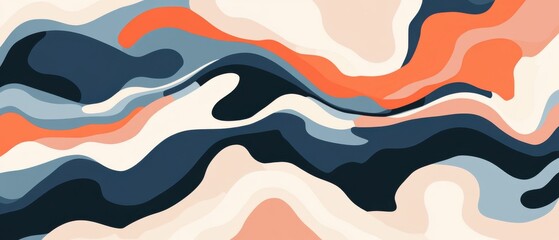 Abstract fluid art background with wavy shapes in navy blue, orange, and beige Modern artistic design with organic flow and smooth curves for contemporary aesthetic