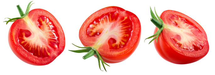 Tomato isolated png. Tomato half collection on white or transparent background. Tomato slice png no background. Full depth of field.