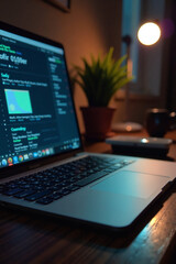 Open laptop computer displaying a dashboard in a cozy night setting representing late-night work or study