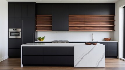 Modern kitchen design featuring dark cabinetry, wooden shelving, and a white countertop island with a prominent marble vein.