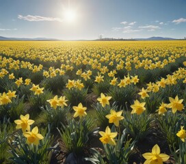 Fototapeta premium Vast field of daffodils bathed in sunlight, clear blue sky backdrop , blue, wildflowers