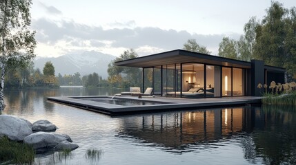 Obraz premium Modern floating home on a serene lake, nestled amidst nature.