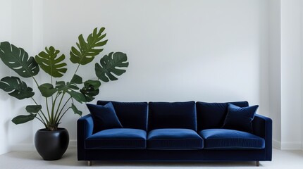Modern living room with a blue sofa and a plant adds a touch of nature to the interior, creating a cozy and inviting atmosphere.